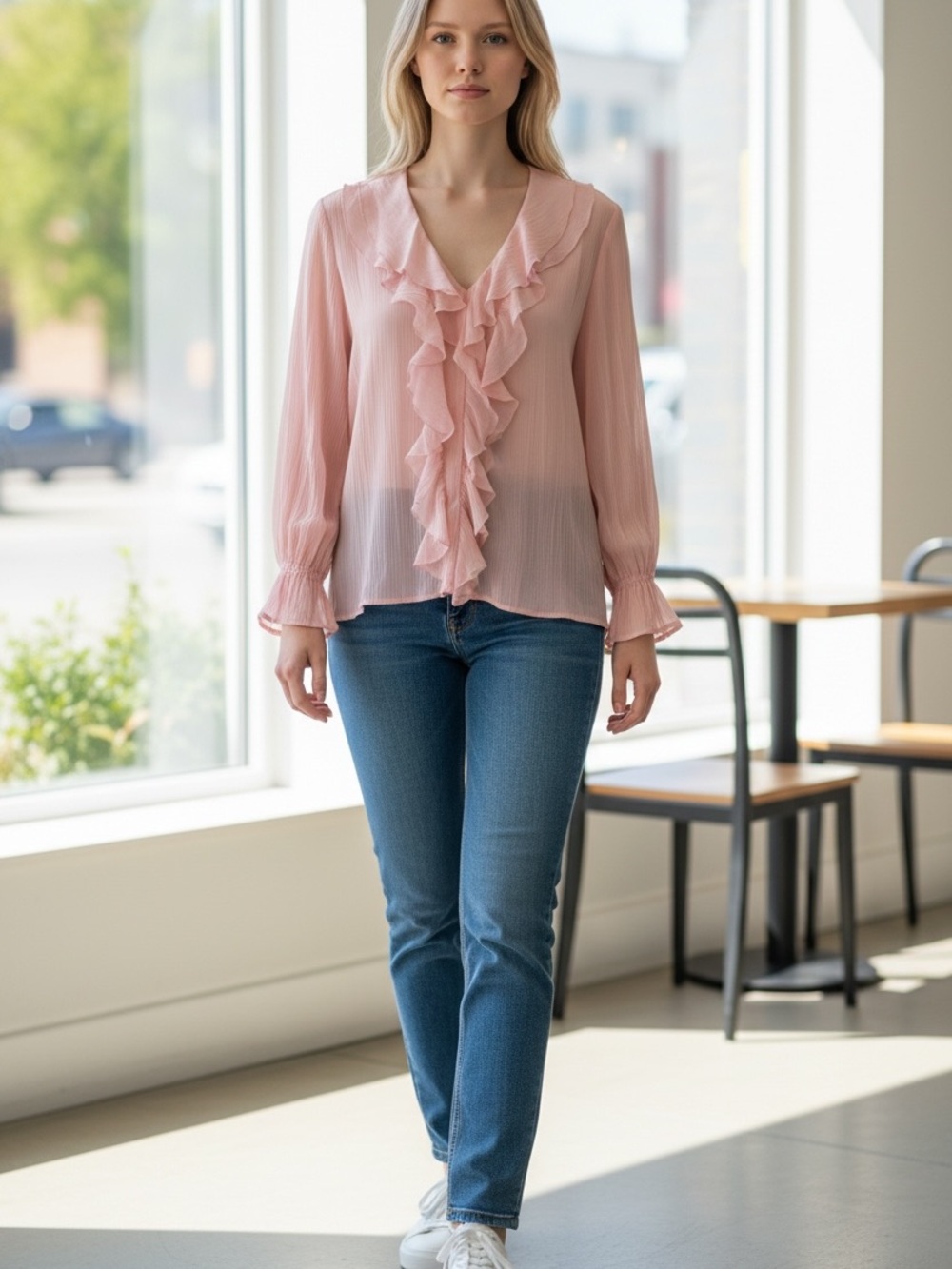 Zara Pink Ruffle V-Neck Blouse